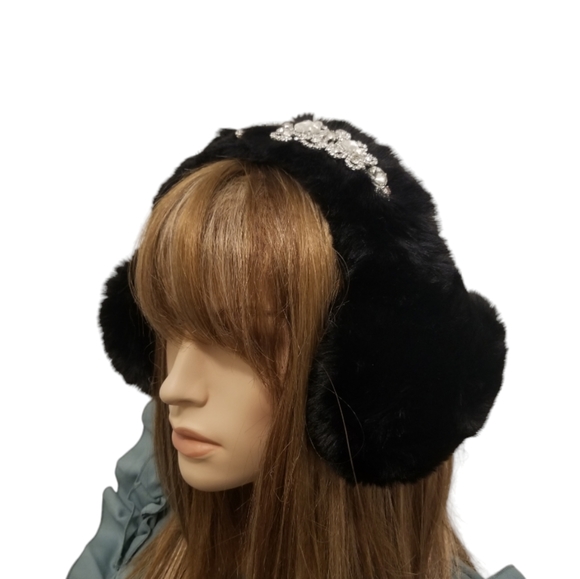 Black Faux Fur Crystal Emblellished Earmuffs Earwarmers Headband Headdress - Picture 4 of 10